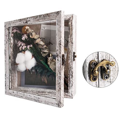 GraduatePro Shadow Box Frame 8x8 Display Case with Linen Back, Real Glass Window Door with Hinge, Picture Frame Wedding Bouquet Memorabilia Medals Photos Memory Box for Keepsakes, Rustic White - color: Rustic White, size: 8"x8" (20x20 cm)