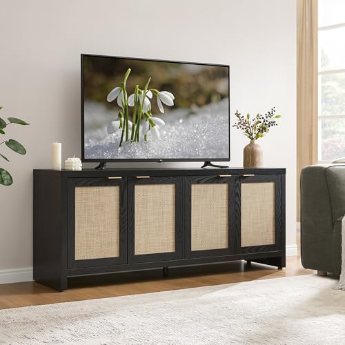 SICOTAS TV Stand for Living Room Boho Entertainment Center for Bedroom with 4 Rattan Cabinets Farmhouse Television Stands with Storage Large Media Console Table for TVs up to 65 Inch - color: Black Oak