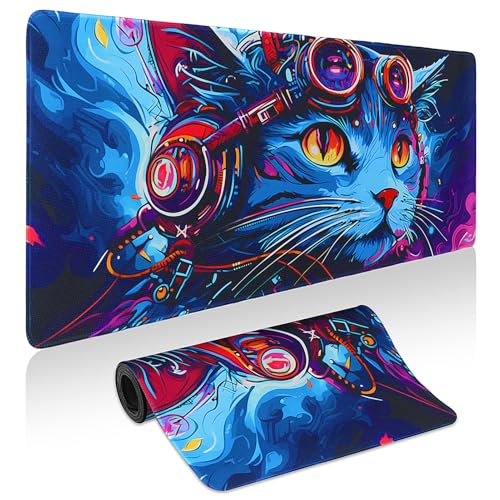 Mouse Pad Gaming - Desk Mat for Keyboard and Mouse - Cool Cat Head Large Mouse Pads for Desk, Gaming Mousepad with Non-Slip Base, Desks Pad (31.5" X 11.8") for Game, Office and Home - color: Cool Cat Head, size: 31.5L x 11.8W inches