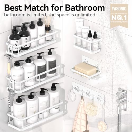 YASONIC Shower Caddy Adhesive, Rustproof Shower Organizer with Soap Holder, Large Capacity Shower Shelves for Inside Shower, No Drilling Bathroom Organizers and Storage for Home Decor（6 Pack White） - color: White, size: XL
