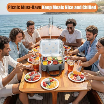 Snackle Box Container with Ice Pack, 304 Stainless Steel Divided Serving Tray, Snacklebox with Insulated Bag, 8 Compartment Platter Box with Lid and Handle for Beach, Road Trip, Boat Days, Pool Party - color: Silver White