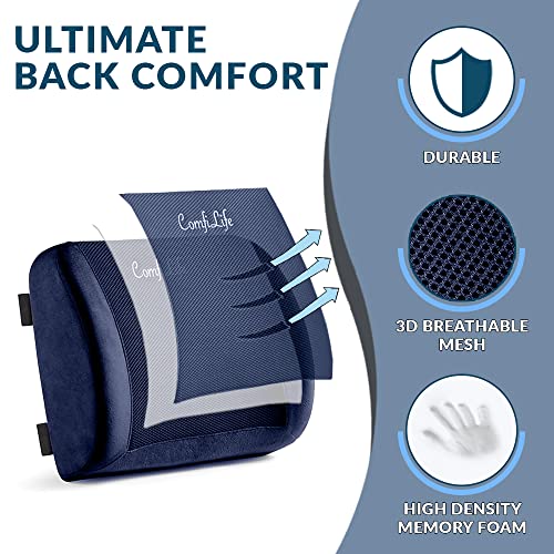 ComfiLife Lumbar Support Back Pillow Office Chair and Car Seat Cushion - Memory Foam with Adjustable Strap and Breathable 3D Mesh (Navy) - color: Navy