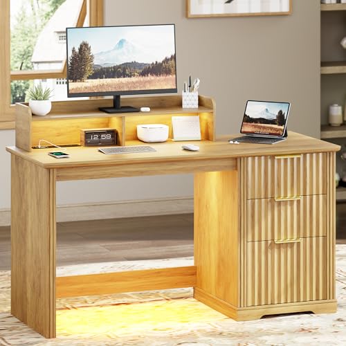 Lareth Computer Desk with Monitor Stand, 47 inch Home Office Desk with RGB LED Lights and Power Outlets, Writing Desk with Storage File Drawer for Working Gaming Writing, Wood - color: Natural