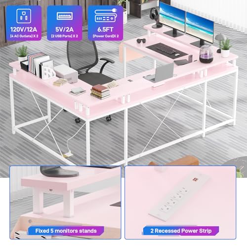 U Shaped Desk with Power Outlet & LED Lights, 79" Reversible Computer Desk with Monitor Stand, Wood Home Office Desks Gaming Desk with Shelving, Side Storage Pockets, Pink - color: Pink