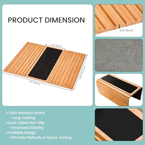 GEHE Couch Arm Tray Table, Flexible/Foldable Sofa Armrest Tray, Couch Armrest Table Cup Holder Great for Drinks Snacks Remote Control, Portable Side Table and Anti-Slip Bottom - color: Natural Bamboo
