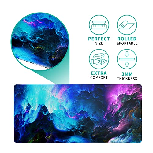 Dazzling Galaxy Gaming Mouse Pad 31.5x11.8 Inch Blue Purple Galaxy Nebula Universe Space Large Mousepad Non-Slip Rubber Base Stitched Edges Keyboard Mouse Mat Desk Pad for Office Home and Game - color: Galaxy