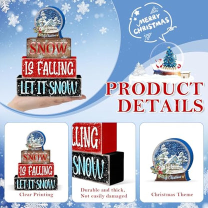 Britimes 4 Pcs Winter Table Decor Christmas Snow Globe Tiered Tray Decorations Set Snowflake Block Signs Gift Rustic Farmhouse Tabletop Decor for Table & Home Office - style: Snow Globe Christmas