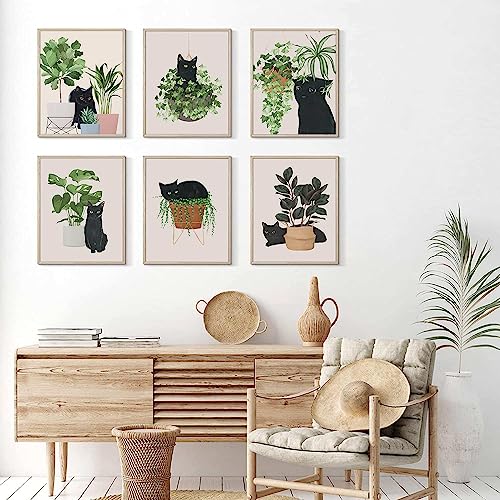 6pcs Cute Black Cat Botanical Wall Art, Green Leaves Plants Boho Wall Art Canvas Paintings, Minimalist Aesthetic Poster Prints Wall Decor Pictures for Living Room Bedroom Office, Unframed (8"x10")