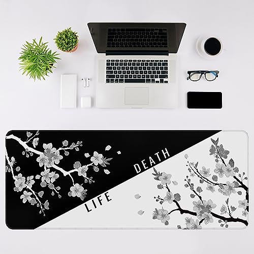 DIGSOM Mouse Pad Black and White Cherry Blossom Pattern, 31.5 x 11.8in | XL Mouse mat, Smooth surface, Anti-slip rubber base, For keyboard and mouse, For home and office use - color: Black and White Cherry Blossom