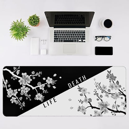 DIGSOM Mouse Pad Black and White Cherry Blossom Pattern, 31.5 x 11.8in | XL Mouse mat, Smooth surface, Anti-slip rubber base, For keyboard and mouse, For home and office use - color: Black and White Cherry Blossom
