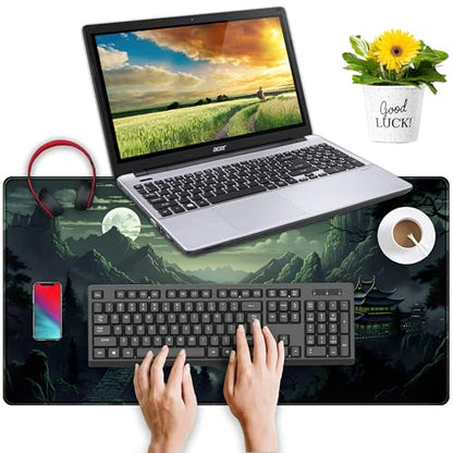 XXL Large Gaming Mouse Pad Anime Green Moon Mountains Desk Mat, Desk Decor Mousepad Computer Mat, Non-Slip Rubber Base Desk Pad, Laptop Keyboard and Mouse Mat with Stitched Edges, 31.5x15.75 in - color: Green Moon Mountains