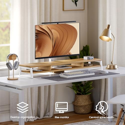 Fenge Dual Monitor Stand for Desk, 42.5in Large Monitor Riser for 2 Monitors, 2 Tier Computer Office Desk Top Shelf, Desktop Storage Stand for Laptop, PC, Computer, Printer - color: Dark Oak