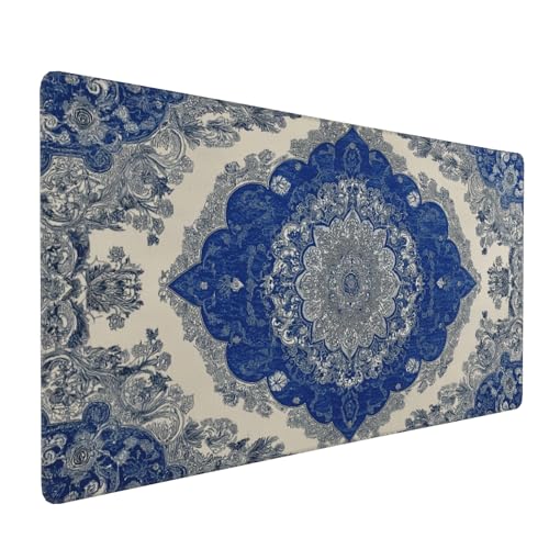 Extended Mouse Pad, Persian Rug Design, Blue and Beige, 35.4x15.7 Inches, Rubber Base with Stitched Edges, Gaming Keyboard Desk Mat - color: Blue Carpet