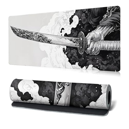 Katana Gaming Mouse Pad 31.5x11.8 Inch Large Black Long Extended Pads Big Mousepad Large Non-Slip Rubber Base Waterproof Big Keyboard Mat with Stitched Edges for PC Computer Laptop and Office - color: Katana