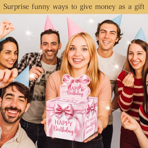 Pink Bow Birthday Money Gift Boxes for Cash, Bow-Tiful Birthday Money Pull Box for Women Girls - color: White