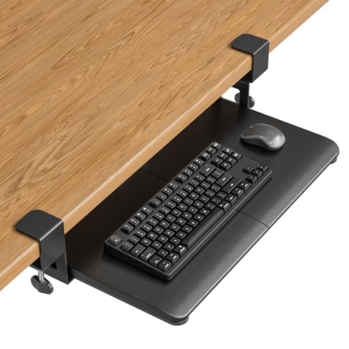 BONTEC KMT01-PJ Under Desk Keyboard Tray, Pull-Out Keyboard & Mouse Platform with C-Clamp, 20 x 11.8 in Space-Saving Ergonomic Slide-Out Drawer, Black - color: Black, size: 20" x 11.8"