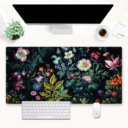 Extended Gaming Mouse Pad XL, Dark Floral Desk Mat 31.5x15.7, Non-Slip | Elegant large desk pad with a vibrant vintage dark botanical flower print. Ideal for aesthetic tech setups. - color: Dark Green Flowers