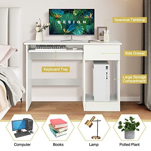 GOFLAME Home Office Desk with Drawer, Wooden Storage Computer Desk with Keyboard Tray & Adjustable Shelves, Executive Table Makeup Vanity Table Desk for Bedroom, Small Space, White