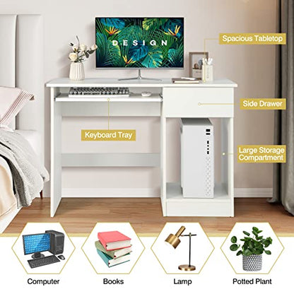 GOFLAME Home Office Desk with Drawer, Wooden Storage Computer Desk with Keyboard Tray & Adjustable Shelves, Executive Table Makeup Vanity Table Desk for Bedroom, Small Space, White