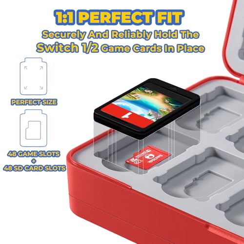FUNLAB 48 Switch 2 Game Case Compatible with Nintendo Switch 2/1 & Micro SD Cards, Switch Game Card Holder Cartridge Case with 48 Game-Card Storage - Red
