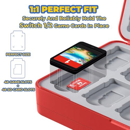 FUNLAB 48 Switch 2 Game Case Compatible with Nintendo Switch 2/1 & Micro SD Cards, Switch Game Card Holder Cartridge Case with 48 Game-Card Storage - Red