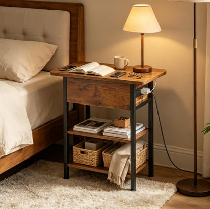 WLIVE End Table with Charging Station, Flip Top Narrow Side Table with Storage Shelf, Small Nightstand with USB Ports and Outlets,Bedside Table for Living Room, Bedroom,11.81" D x 23.62" W x 24.33" H - color: Rustic Brown