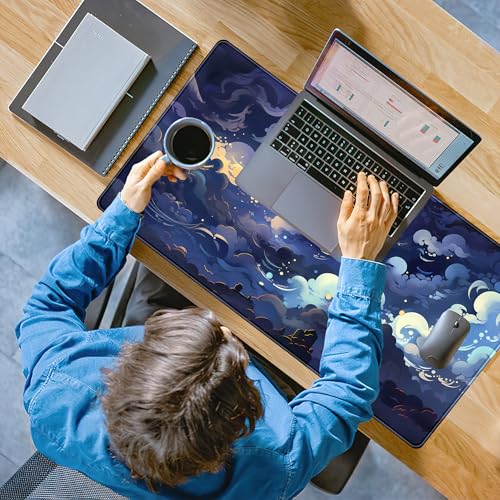 Blue Clouds Desk Mat Large XXL Gaming Mouse Pad Non-Slip Rubber Base Mousepad, Cool Office Desktop Decor Desk Pad, Computer Laptop Keyboard and Mouse Mat with Stitched Edges, 31.5x15.75 in - color: Blue Clouds