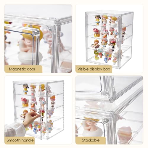 4 Tiers Clear Acrylic Display Case, Plastic Storage Bins with 3 Adjustable Divider and Magnetic Door,Stackable Display Box for Figures Showcase (XXL-4 Tier-1 Pack) - size: XXL-4 Tier-1 Pack