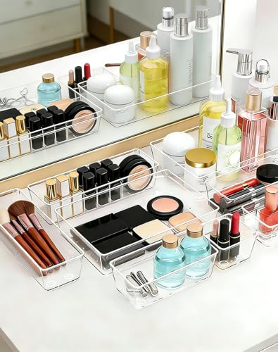 45Pack Makeup Drawer Organizers Set, 4Sizes acrylic desk organizer trays for vanity, bathroom, office, nightstand, junk for kitchen drawer, Versatile plastic drawer divider storage bins - size: S45(3-6-12-24)