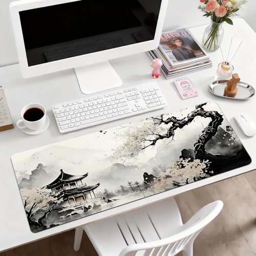 Gaming Desk Mat with Silky Smooth Surface & Exquisite Patterns,31.5x11.8 Inches Large-Sized Mouse Pad, Perfect for Extended Gaming,Work,and Home Office Decor (Japanese Ink Painting 3) - color: Japanese Ink Painting 3