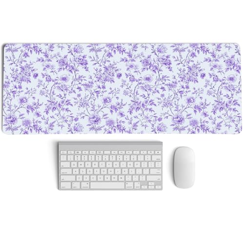 Purple Chinoiserie Mouse Pad,Vintage Purple and White Floral Desk Mat,XL Large Vintage Flowers Preppy Mouse Pad,Girly Laptop Desk Mat for Dorm Home Office,31.5x11.8 Inch - color: XL Purple Floral