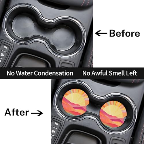 Boho Sunset Car Cup Holder Coasters 2 Pack Universal 2.63 Inch Anti Slip Ceramic Absorbent Coaster with Cork Base and Finger Notch Cute Car Accessories Interior for Women - color: Pink
