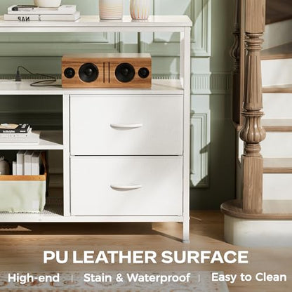 Huuger 47 Inch TV Stand Dresser with Power Outlets and LED Lights, 4 Drawers Entertainment Center with Open Shelf, Media Console for 55 50 Inch TV, Dresser with PU Finish, White - color: White, size: 47.2 Inches
