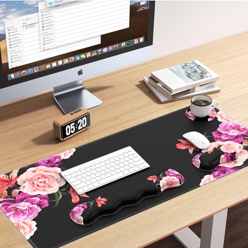 iLeadon Mouse Pad Set, Desk Mat + Mouse Pad with Wrist Rest + Keyboard Wrist Rest + Coaster, Mouse and Keyboard Pad Set with Stitched Edge & Non-Slip Base, Desk Pad Mat for Work Gaming, Peony Flower - color: Peony Flower