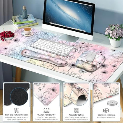 Large Mouse Pad, Keyboard Wrist Rest Set, Ergonomic Mouse Pad with Wrist Support, Desk Mat with Stitched Edges Extended Desk Pad Waterproof Desk Mat for Home Office Game I Dandelion & Sunflower - color: Dandelion & Sunflower