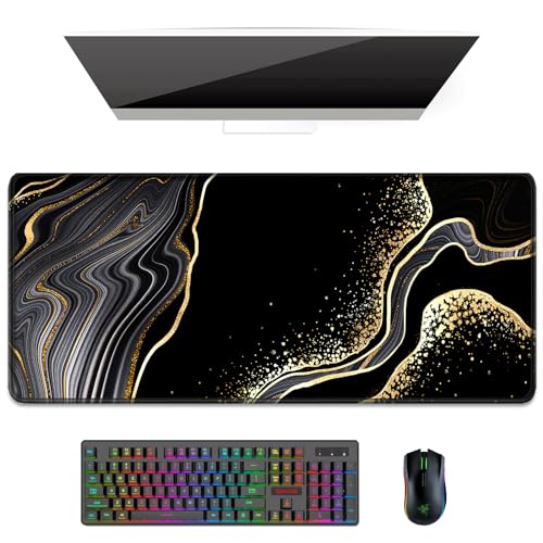 Auhoahsil Desk Pad, XL Extended Large Gaming Mouse Pad 31.5 x 11.8 Inch, Waterproof Mousepad with Stitched Edges, Non-Slip Computer Keyboard Laptop Mat for Women Men Office Work, Black Gold River - color: 05 Black Gold Marble, size: XL - 11.8 x 31.5 Inche