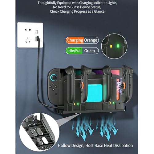 Wall Mount Organizer Charging Station for Nintendo Switch 2/1, 4 in 1 Magnetic Joycon Charging Dock with 6 RGB Light Modes