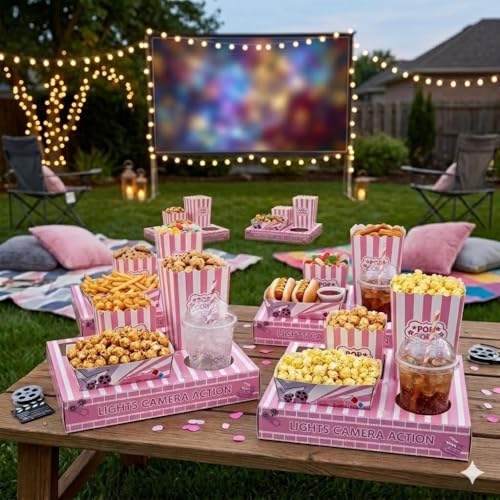 100 PCS Pink Movie Night Party Supplies Set, Movie Snack Trays with Popcorn Boxes, Treat Boxes and Invitation Cards, Cute Disposable Snack Holders for Girls' Night Birthday Sleepover Pajama