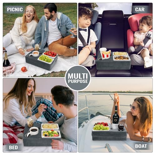 Cup Pillow Holder for Couch – Cup Glass Cozy Pillow | Bed Couch Cup Holder with SS Food Container for Pasta, Fruit, Snacks, Remote | Sofa Drink Buddy for Car, RV, Living Room, Picnic, Camping (Grey)