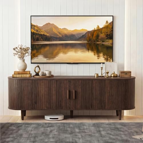 MXV 65" Mid-Century Modern TV Consoles with Sliding Doors, TV Stand with Power Outlet, Fluted Entertainment Center with Adjustable Shelves for Living Room - color: Walnut, size: 65in
