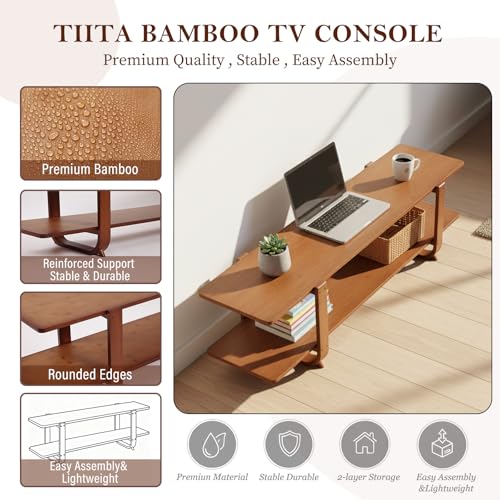 Tiita TV Stand with Storage for TVs up to 65'', Bamboo TV Console Entertainment Center with 2 Open Shelf, Mid Century Modern Media Console for Living Room, Bedroom, Walnut - color: Walnut