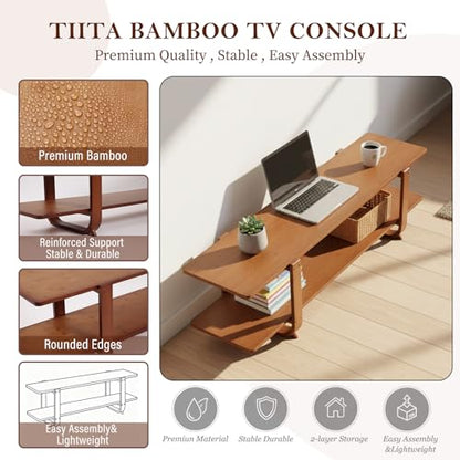 Tiita TV Stand with Storage for TVs up to 65'', Bamboo TV Console Entertainment Center with 2 Open Shelf, Mid Century Modern Media Console for Living Room, Bedroom, Walnut - color: Walnut