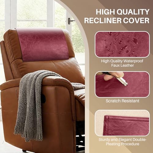 Recliner Headrest Protector,Non Slip Waterproof Headrest Cover,Leather Recliner Headrest Cover for Sofa,Furniture,Living Room,Office Chair (Wine Red) - color: Wine Red, size: Hook & Loop