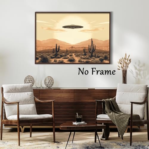 Retro Ufo Canvas Wall Art Desert Landscape Painting Vintage Ufo Print Abduction Poster Alien Ufo Desert Cactus Picture Alien Trippy Poster Spaceship Vintage Wall Art Ufo Gifts Artwork 16x24in No Frame - color: B1Unframed