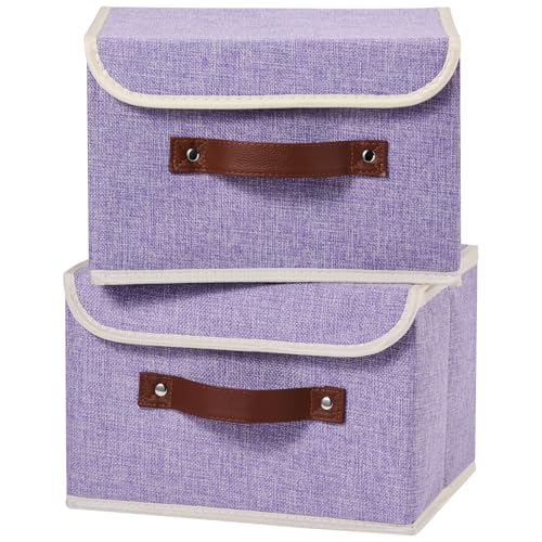 2PCS Storage Boxes with Lid Cotton Linen Fabric Storage Bins Organizer Container Decorative Collapsible Washable Shelf Closet Baskets Faux Leather Handles Home Bedroom (Purple, Small) - color: Purple, size: Small (Set of 2)