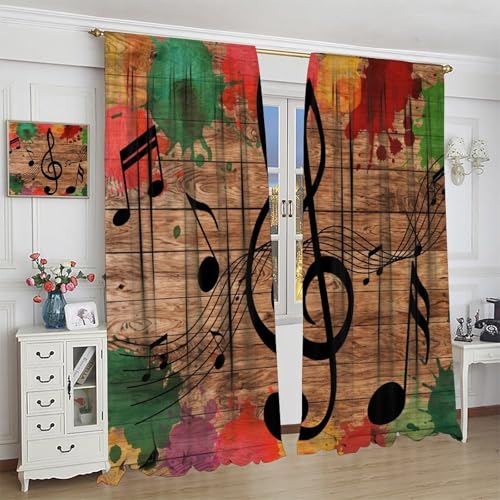 Music Notes Curtain, Funny Disco Retro Wood Board Graffiti Window Treatments Drapes for Bedroom Living Room Bathroom 42" W X 45" L(No Blackout) - color: Musical-6, size: 20.5"W x 45"L (Pack of 2)
