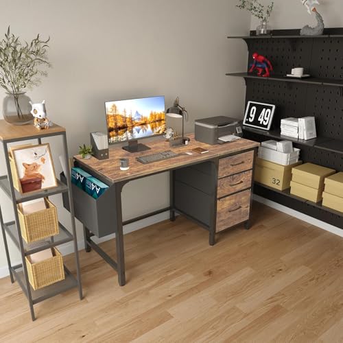 Lufeiya Computer Desk with File Drawers Cabinet, 47 Inch Reversible Home Office Desks with Fabric Filing Cabinet for Small Space, Study Writing Table PC Desks, Rustic Brown - color: Rustic Brown, size: 46.6"