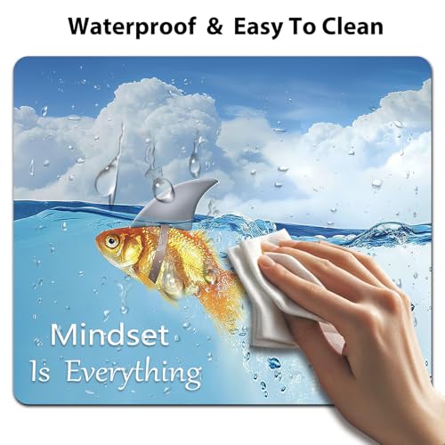 Mindset is Everything Mouse Pad, Shark Goldfish Inspirational Art Desk Mat | Comical Humorous Design Motivational Quote, Anti-Slip Rubber Base, Silky Smooth Surface, Cute Office/Gaming Mousepad - color: Color_CNaa