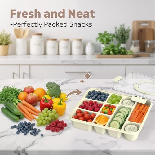 Snackle Box Container for Adults with 10 Compartment, Divided Serving Tray with Lid and Handle and 2 Sauce Containers, Portable Snack Box Container for Charcuterie Party Travel, White - color: White
