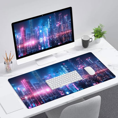 Neon City Desk Pad Mouse Pad 31.5 x 11.8 Inch Modernist Night Fantasy Large Gaming Mouse Mat with Stitched Edges,Non-Slip Waterproof Rubber Base Mous Mat Office Computer Keyboard Laptop Home - color: Neon City, size: 11.8W x 31.5L inches